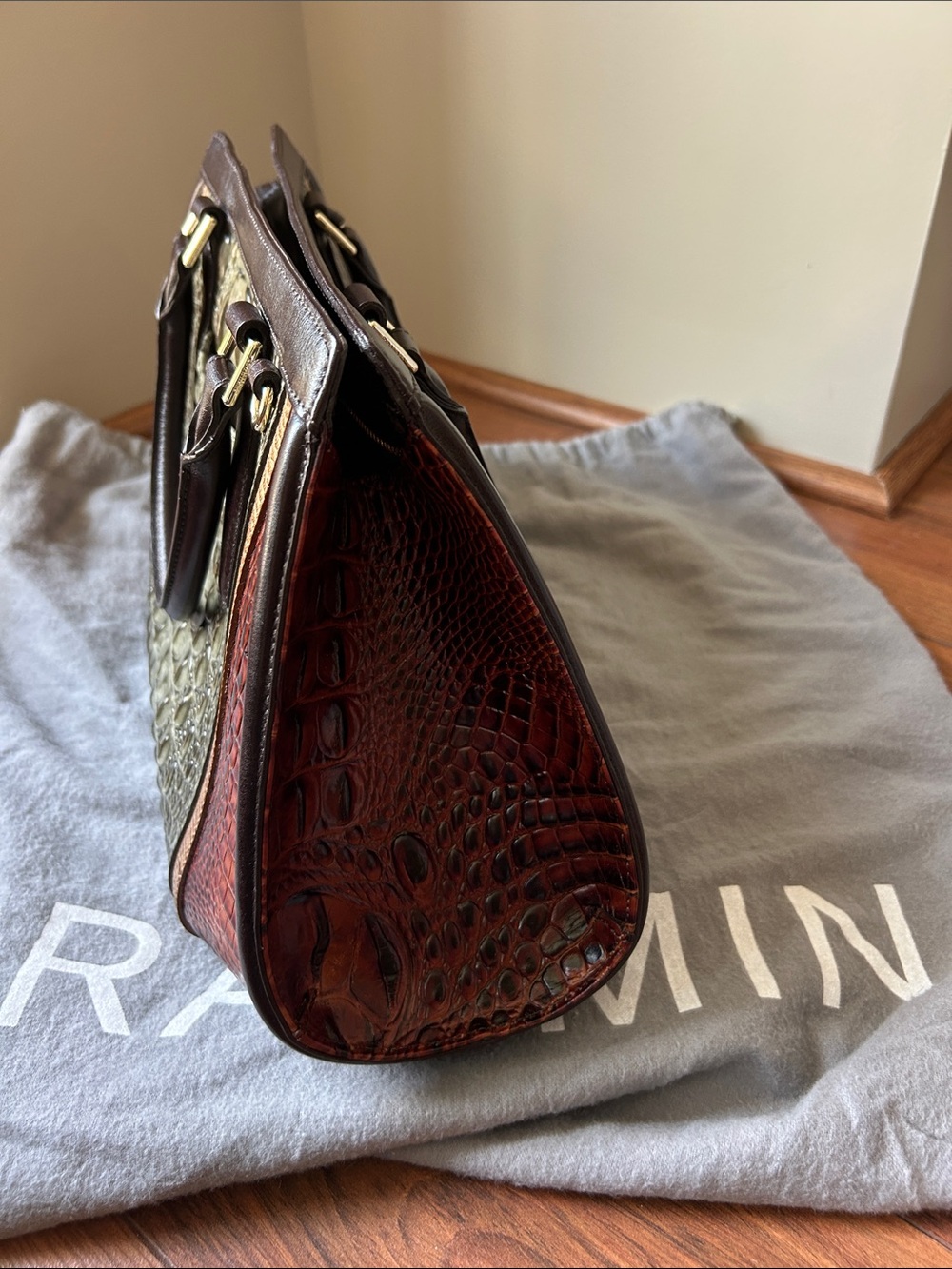 Brahmin Olive, Rust & Brown Croc-Embossed Satchel - Picture 5 of 11